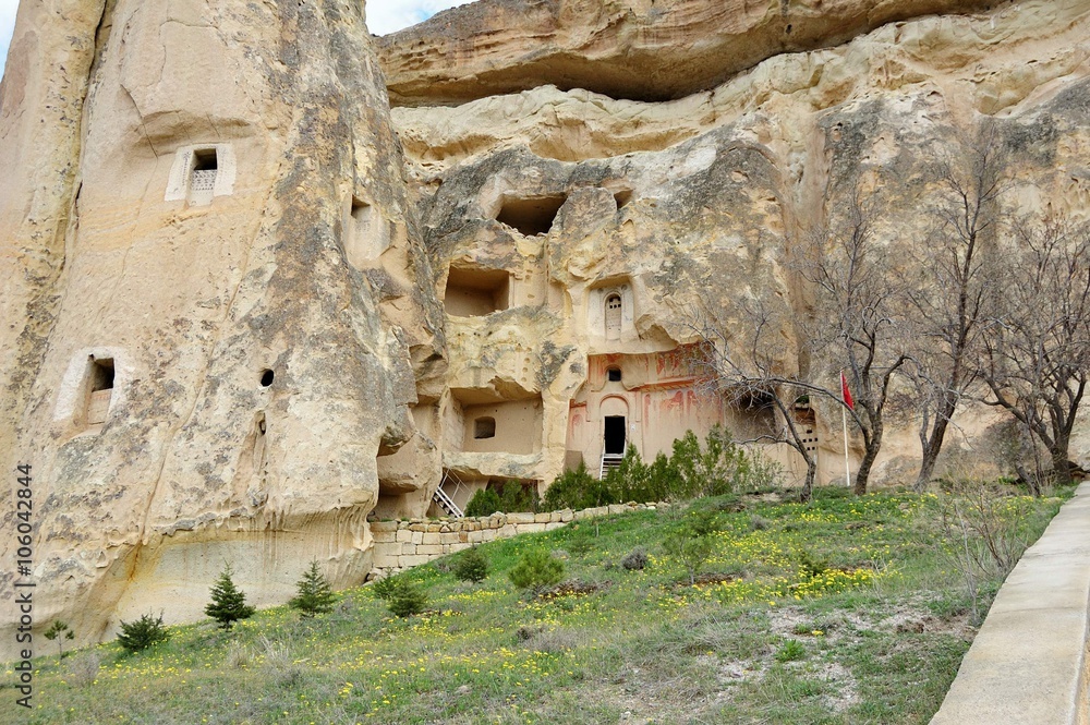 First dwellings of hermits-Christians in Cappadocia. Turkey / Visible of the hermitages in the rocks. The region of Cappadocia, also famous for the unusual rock landscapes.