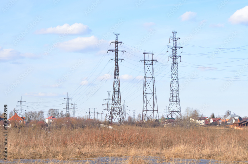 Early spring landscape with electric power line transmission. Early spring landscape with electric power line transmission.
