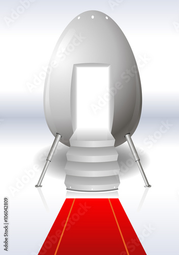 Eggs from outer space in the form of a manned capsule with red carpet