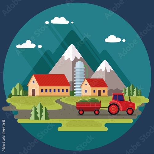 Agricultural landscape. Red tractor on a farm background.. Flat