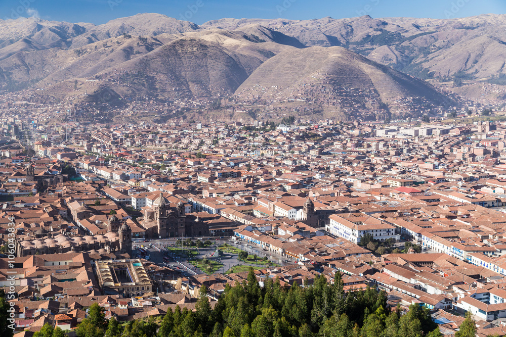 Aerial View of Plaza de Armas, Cusco, and Andes Mountains in Peru by  day