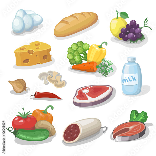 Common everyday food products. Cartoon icons set  provision, cheese and fish, sausage, milk, bread vector illustration