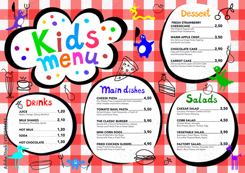 Cute colorful meal kids menu template with cute little monsters 
