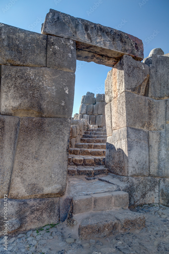 Stone Gate at Saksaywaman, Saqsaywaman, Sasawaman, Saksawaman, Sacsahuayman, Sasaywaman or Saksaq Waman citadel fortress in Cusco,  Peru