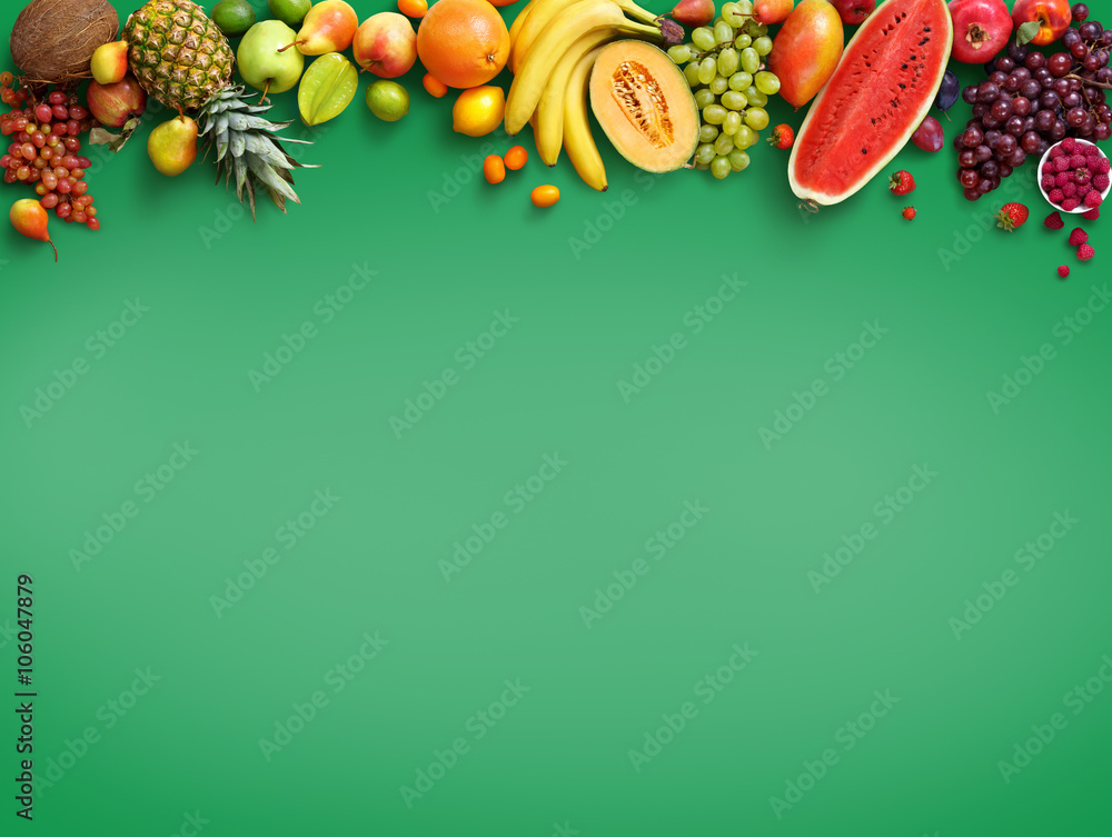Organic food background. Photography different fruits isolated green  background. Copy space. High resolution product Stock Photo | Adobe Stock
