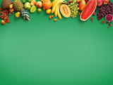 Organic food background. Photography different fruits isolated green background. Copy space. High resolution product
