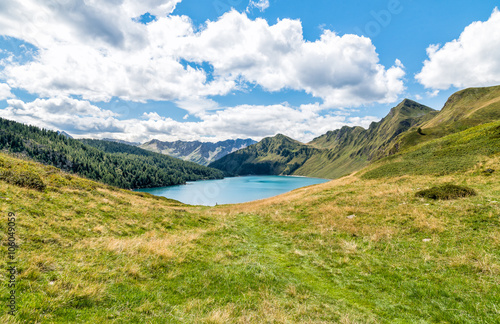 View of lake Ritom with the Alps in background, Piora, Canton Ticino of Switzerland  © EleSi