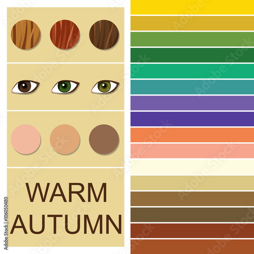 Stock vector seasonal color analysis palette for warm autumn type. Type of female appearance