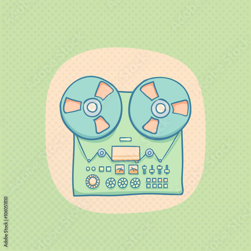 Reel-to-reel audio tape recorder. Handheld reel tape recorder, hand drawn retro illustration with halftone. Suitable for banner, ad, t-shirt design. Vintage tape spool design element