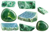 set of various green nephrite gemstones isolated