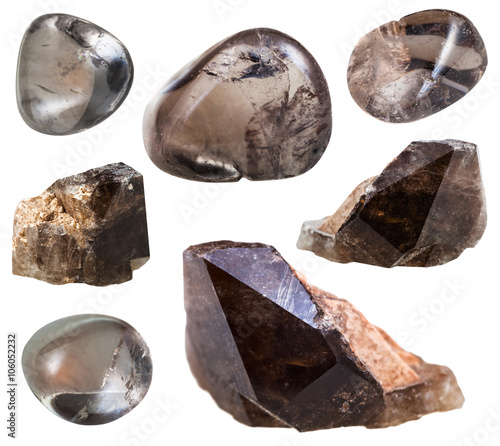 set of smoky quartz crystals and gemstones photo