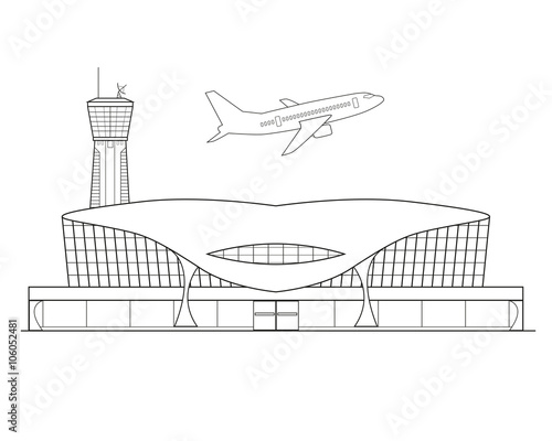 Thin line flat design. Airplane takes off from the airport on a beautiful white background isolated. Vector illustration