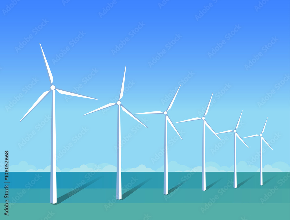 Windmills in a sea on background blue sky, flat Windmills in a sea on background blue sky, flat