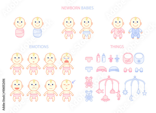 Newborn babies set, emotions and things, flat
