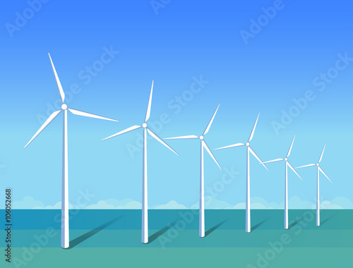 Windmills in a sea on background blue sky, flat