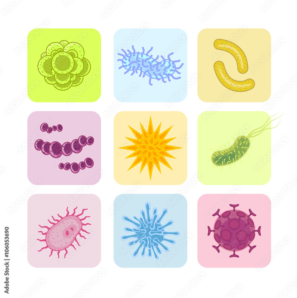 Bacteria and virus icons. Microbiology vector flat