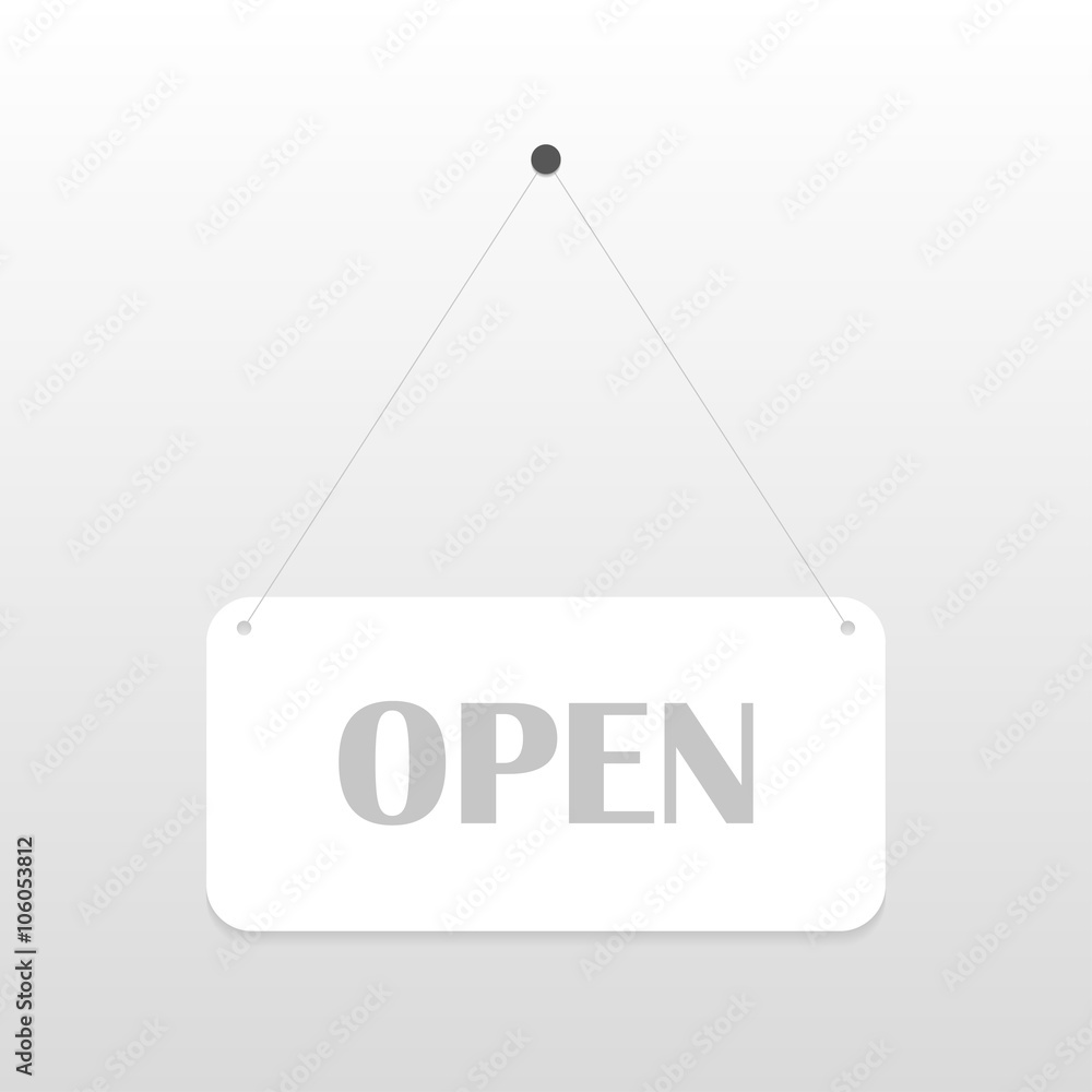 Open sign board hanging on the white wall. Vector illustration Open sign board hanging on the white wall. Vector illustration