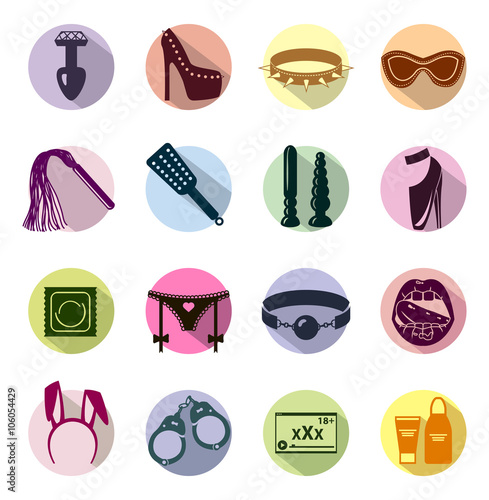 Flat colored Sex shop icon set, sex toys, bdsm, vector