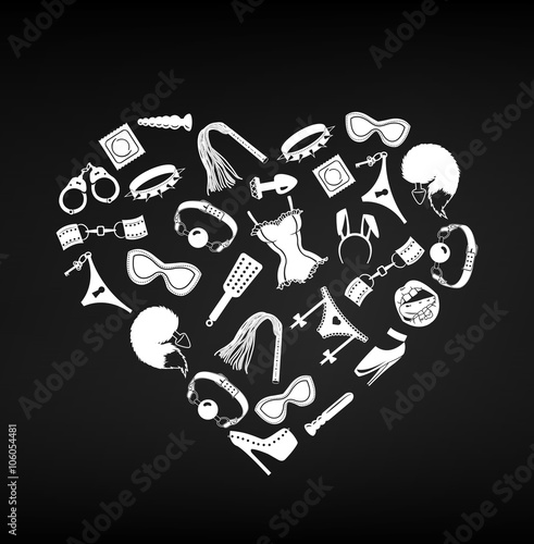 Sex toys BDSM set heart form, vector illustration