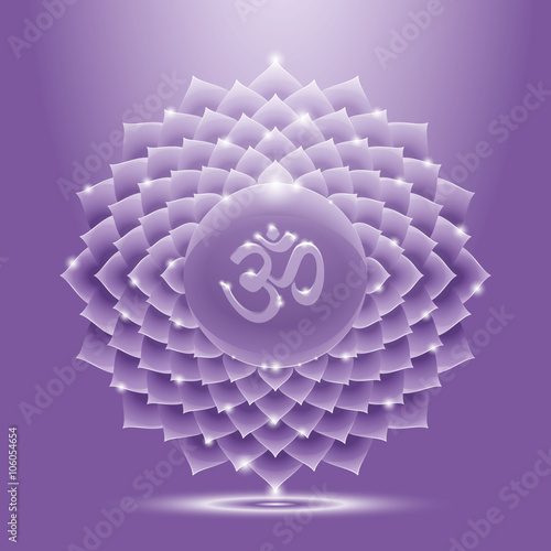 Vector illustration sahasrara with om mantra. Chakra glossy icon. The concept of violet crown chakra for design at India stile.