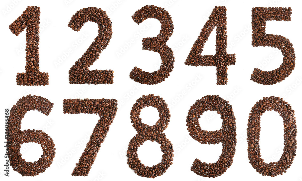 collage digits from coffee beans on white background collage digits from coffee beans on white background