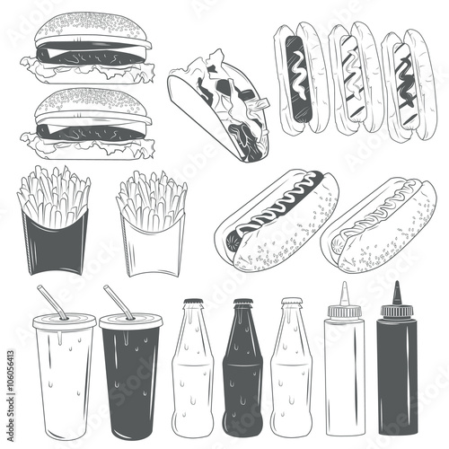 Vector set of fast food products isolated on white background in monochrome style. Design elements and icons.