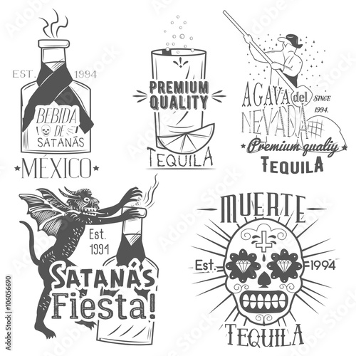 Vector set of tequila labels in vintage style. Mexican alcohol drink, berida. Hand drawn menu design elements, icons