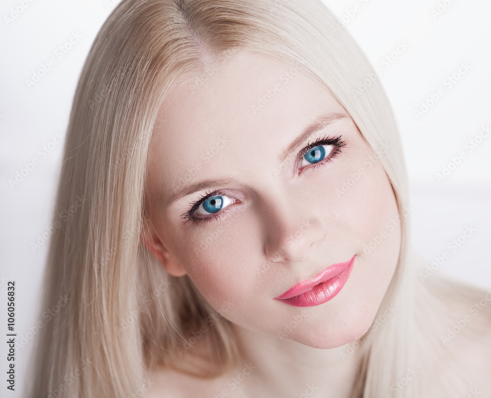 Studio, face, blue eyes, smile, white background Studio, face, blue eyes, smile, white background