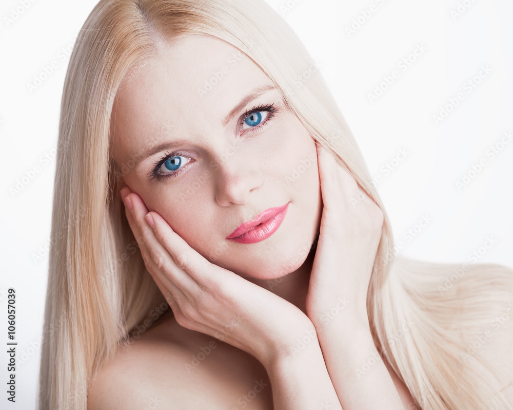 Studio, face, blue eyes, smile, hand, white background Studio, face, blue eyes, smile, hand, white background