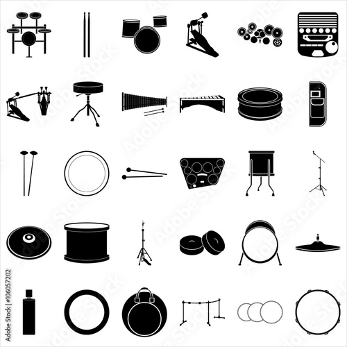 Drums and drummer equipment elements simple icons set