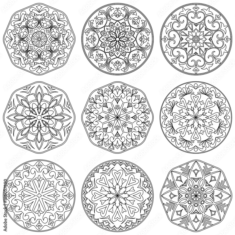 Set of 9 mandala in black and white. Set of 9 mandala in black and white.