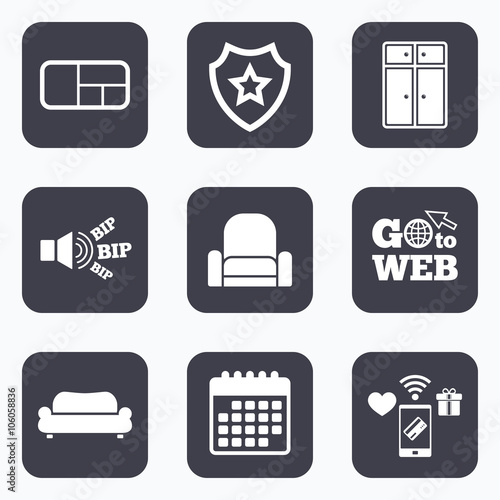 Furniture icons. Sofa, cupboard, and book shelf.