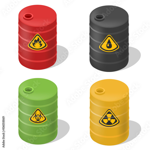 Vector set barrels isometric. Isolated set barrels icons. Flammable barrel icon. Oil barrel icon. Toxic barrel icon.