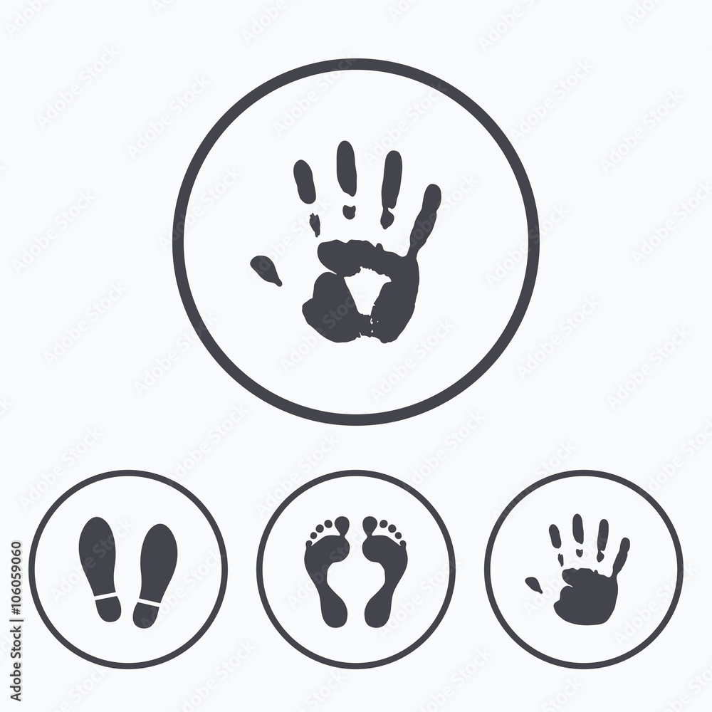 Hand and foot print icons. Imprint shoes symbol. Hand and foot print icons. Imprint shoes symbol.