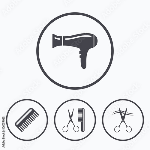 Hairdresser icons. Scissors cut hair symbol.