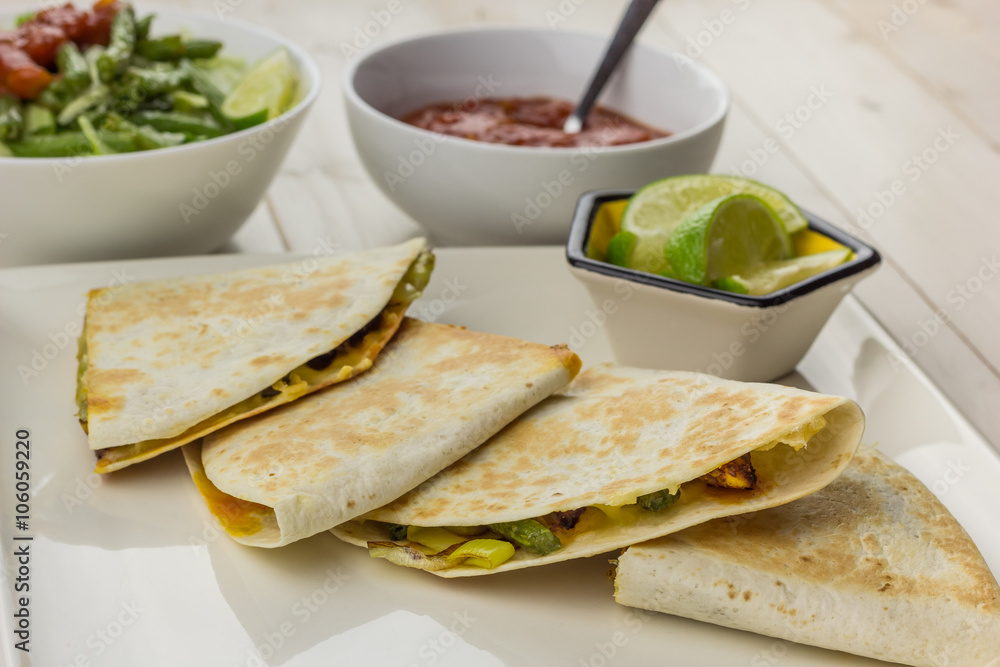 Mexican quesadillas with chicken, green beans salsa and salad Mexican quesadillas with chicken, green beans salsa and salad