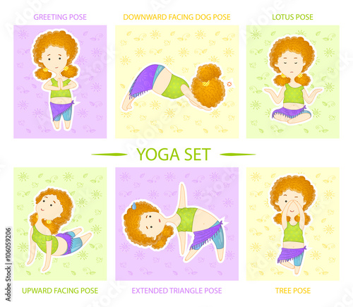 Yoga set. Girl performs six asanas, positions of yoga.