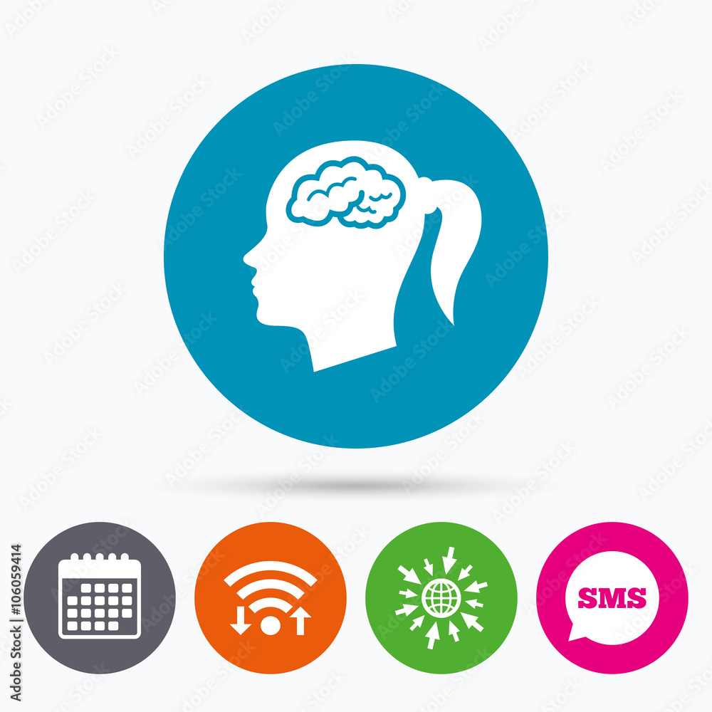 Head with brain sign icon. Female woman head Head with brain sign icon. Female woman head