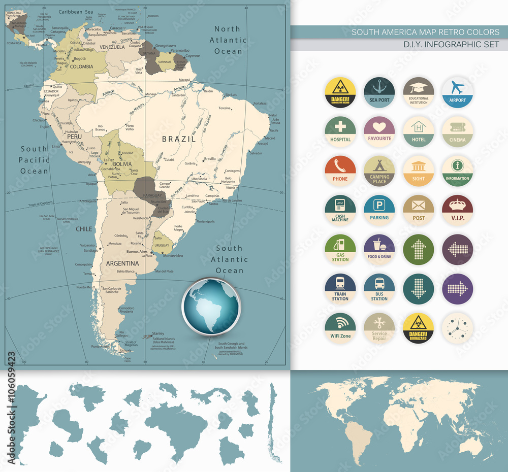 South America Map Retro Colors and Flat Icons