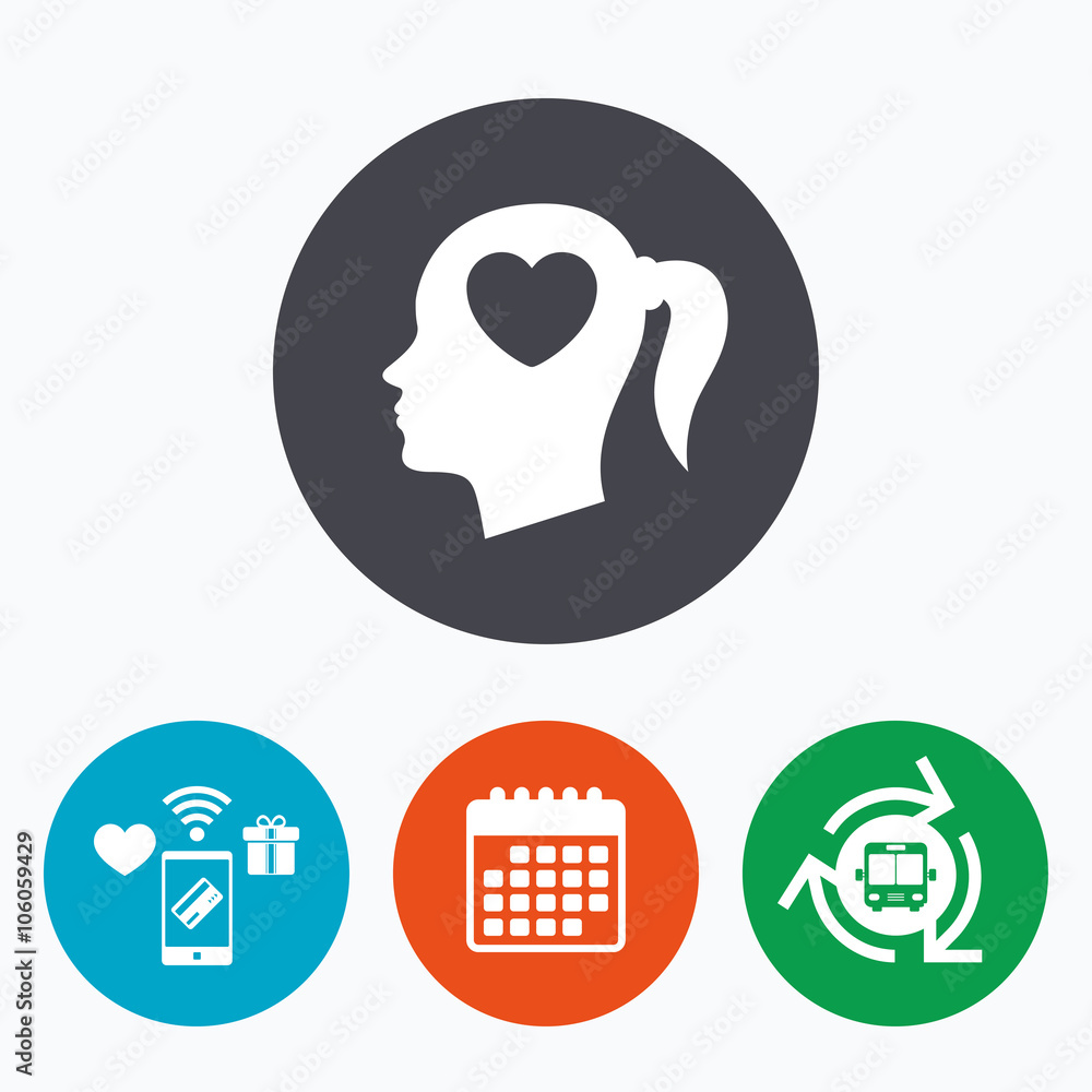 Head with heart sign icon. Female woman head Head with heart sign icon. Female woman head