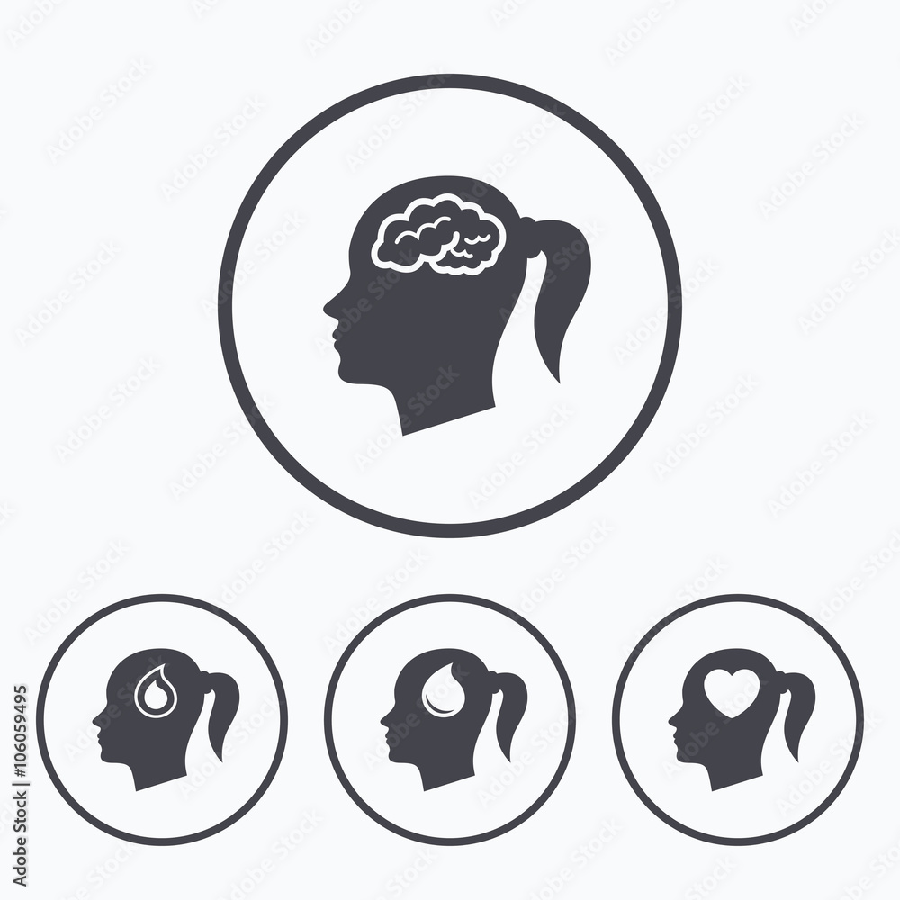 Head with brain icon.Female woman symbols. Head with brain icon.Female woman symbols.