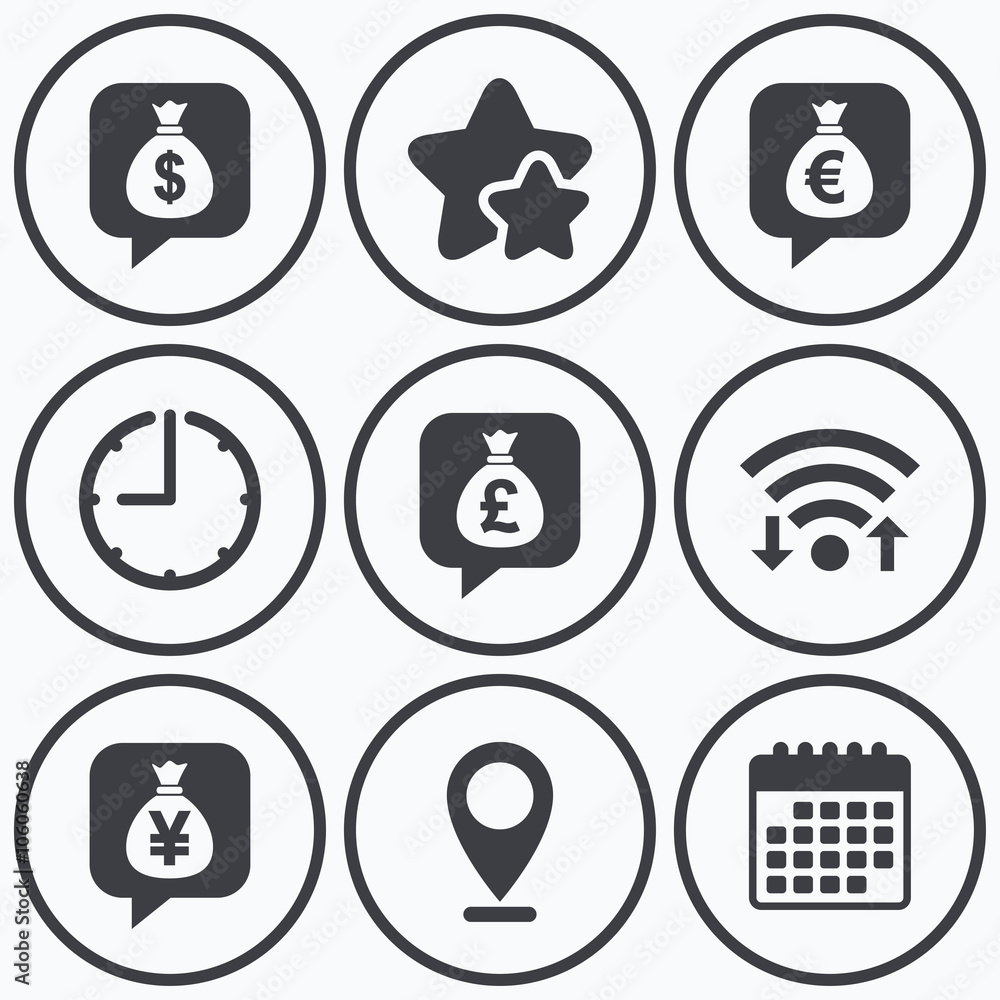 Money bag icons. Dollar, Euro, Pound and Yen. Money bag icons. Dollar, Euro, Pound and Yen.