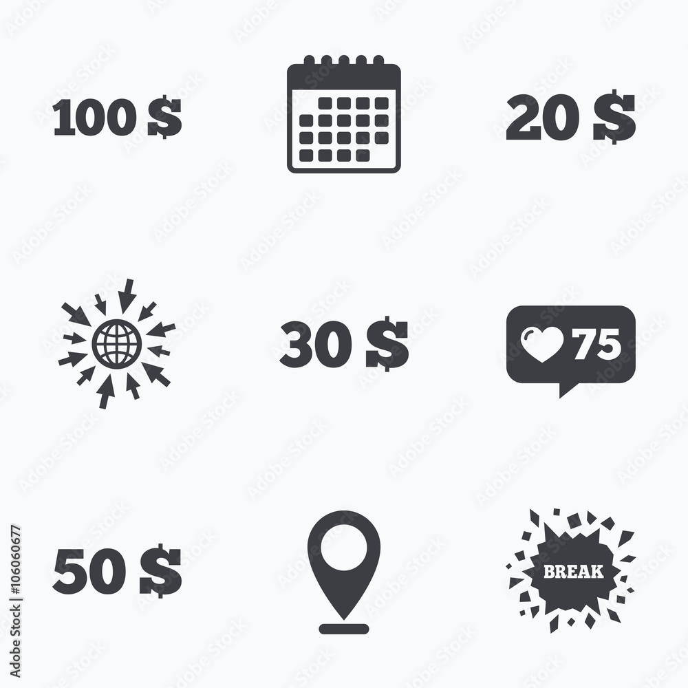 Money in Dollars icons. Hundred, fifty USD. Money in Dollars icons. Hundred, fifty USD.
