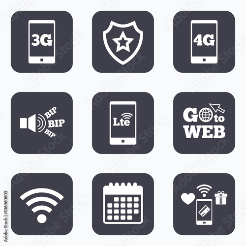 Mobile telecommunications icons. 3G, 4G and LTE.