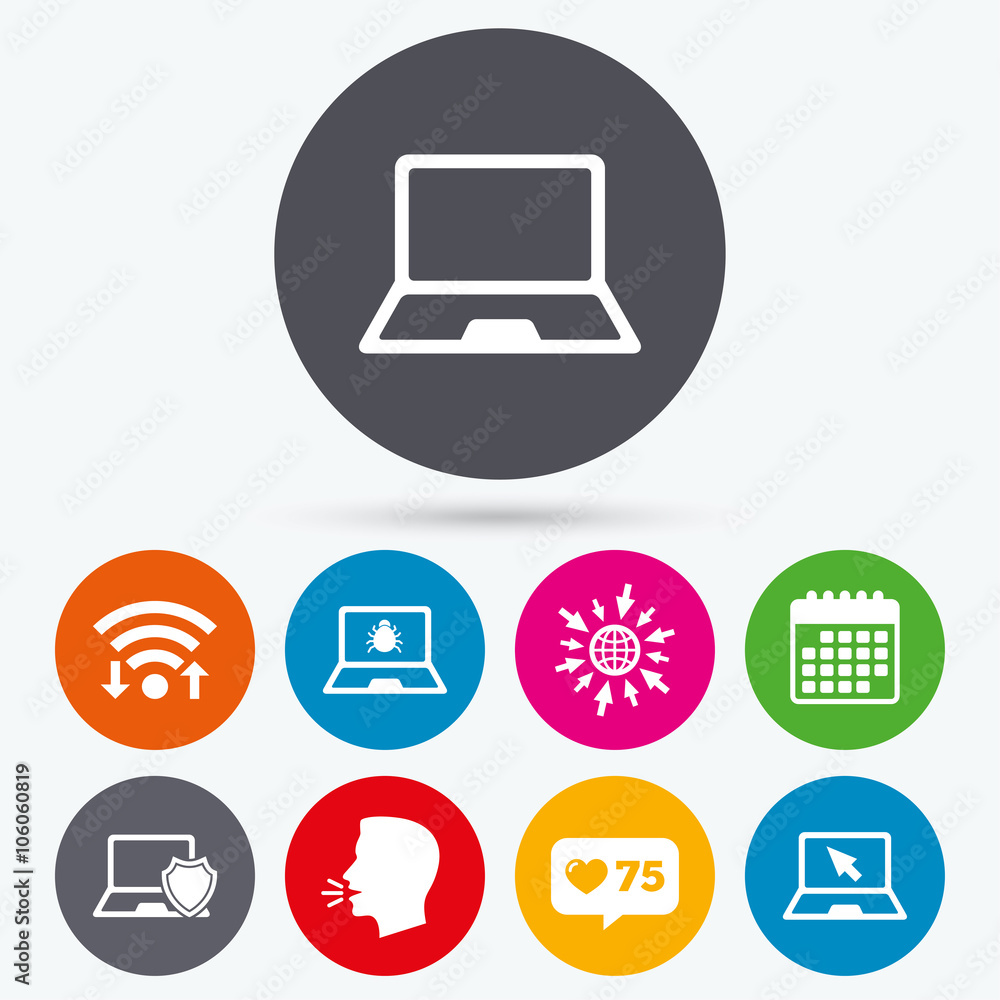 Notebook laptop pc icons. Virus or software bug. Notebook laptop pc icons. Virus or software bug.
