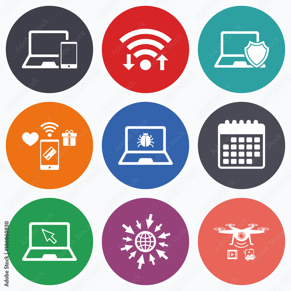 Notebook laptop pc icons. Virus or software bug. Notebook laptop pc icons. Virus or software bug.