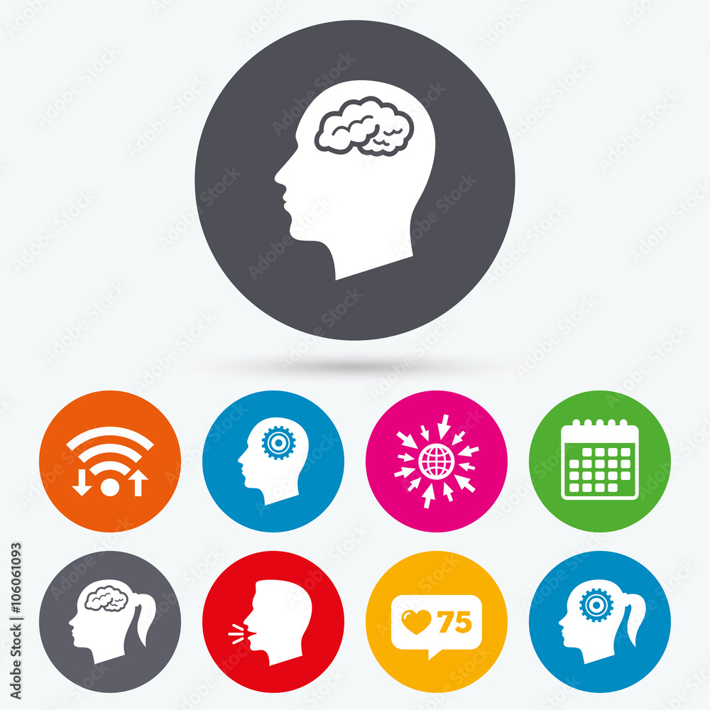 Head with brain icon. Male and female human symbols. Head with brain icon. Male and female human symbols.