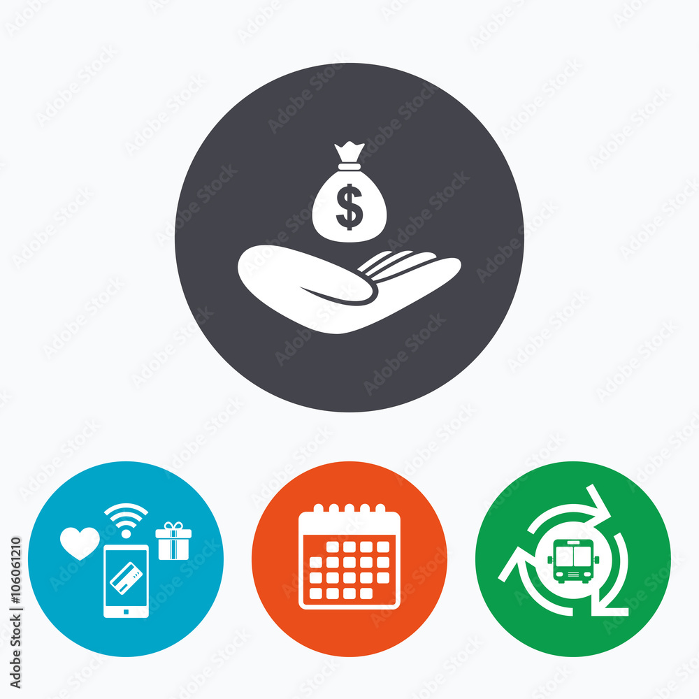 Money insurance sign. Hand holds cash bag.