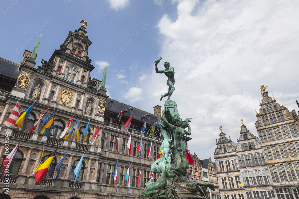 Antwerp's Town Hall and the fountain in front.