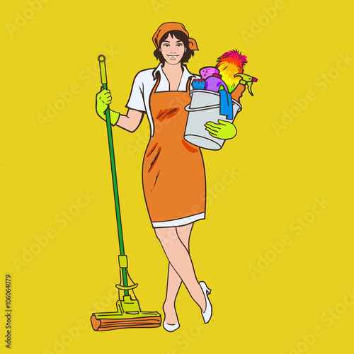 Woman in uniform. Cleaning services.
